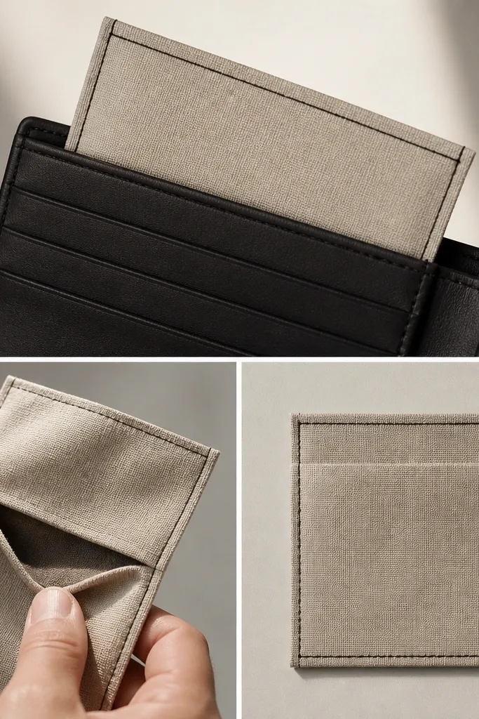 A minimalist fabric insert with a small hidden pocket. It sits inside a wallet, barely visible from the outside, with a clean seam line and a single black stitch border.