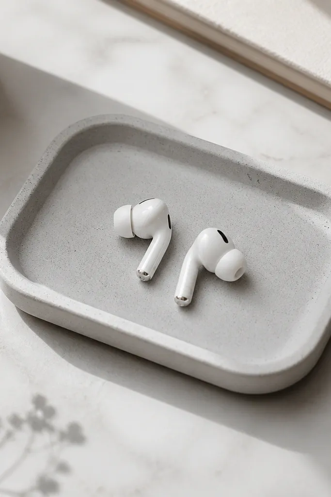 A small minimalist tray with rounded corners and a smooth matte surface, shown holding a pair of earbuds. The tray has faint speckling like concrete but stays clean and light gray.