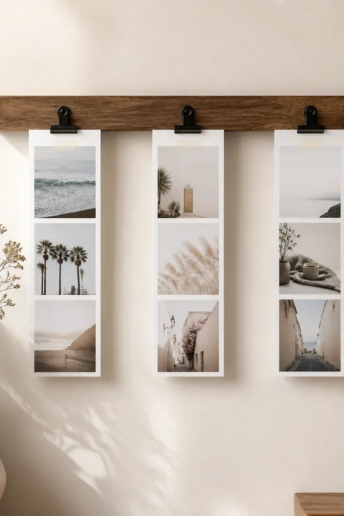 A small wall display with one horizontal wood rail and three black mini clips. A clean strip of photos hangs with a thin off-white strip of washi tape, evenly spaced.