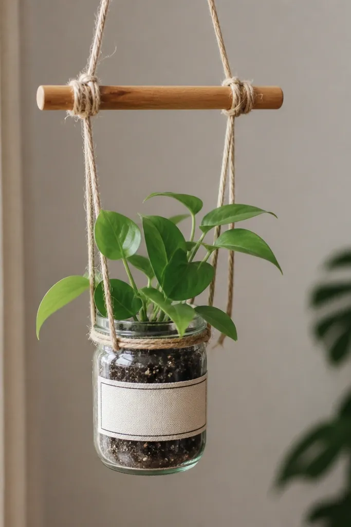 A small clear glass jar plant holder hanging from a simple wooden dowel and twine. The jar has a thin label with a single word in black ink and a small plant inside with soil showing through.