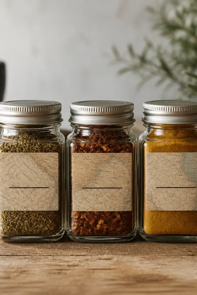 Three small spice jars with matching labels cut from old map paper. Each label has crisp black text and a simple underline, and the labels sit straight on the jar front.