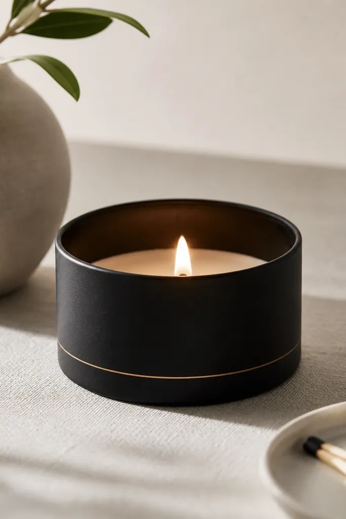A simple tin candle holder painted matte black with a smooth rim. A small candle sits inside, and the holder has a single thin line decal near the base.