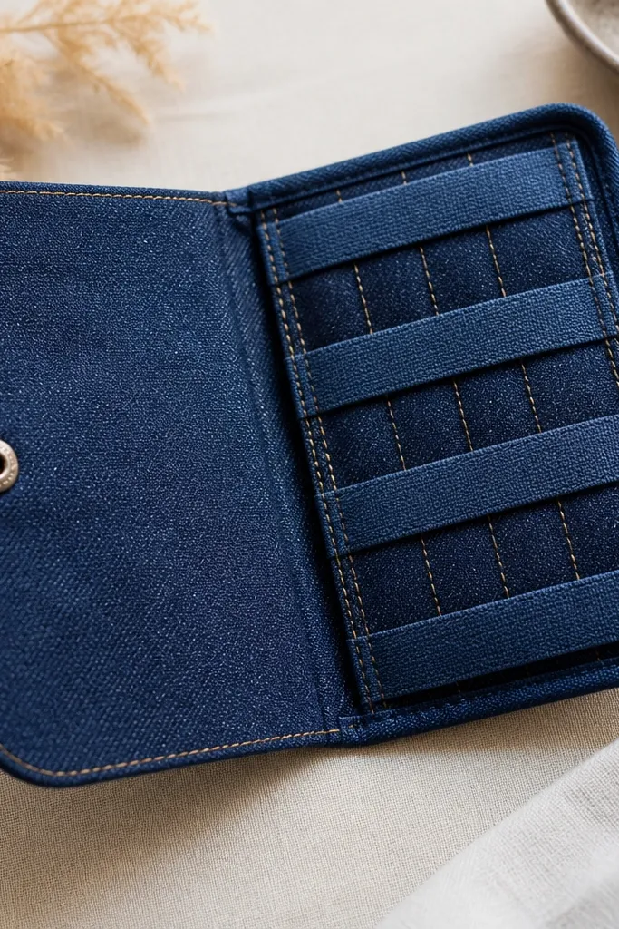 A small denim pouch with a flap and stitched divider rows inside. One side has a snap closure, and the inside shows a clean grid of fabric strips for each key.