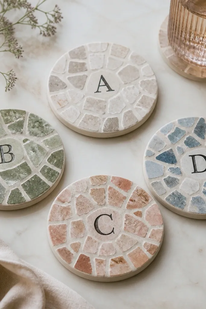 Four coasters made from small ceramic tile pieces. The edges are smoothed, and each coaster has a single centered stamped initial in black ink.