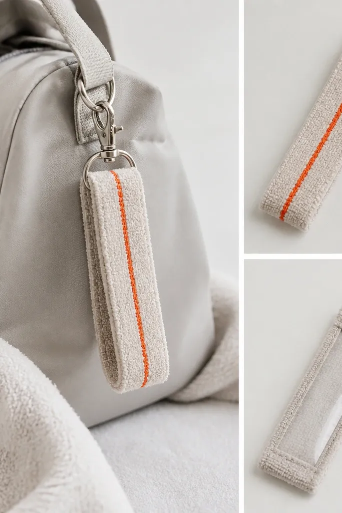 A fabric gym bag tag made from a folded towel strip. It has a simple stripe stitched in bright thread color and a clear plastic label window on the back.