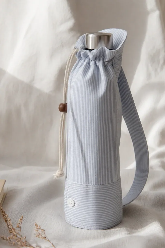 A minimalist bottle carrier made from a shirt sleeve. The fabric wraps around the bottle and cinches with a drawstring, with a small stitched hem and clean seams.