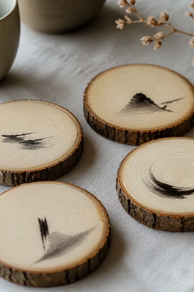 Four round wood slice coasters on a table. Each has a thin black ink wash and one small brush mark, like a minimalist ink stroke, sealed under a clear finish.