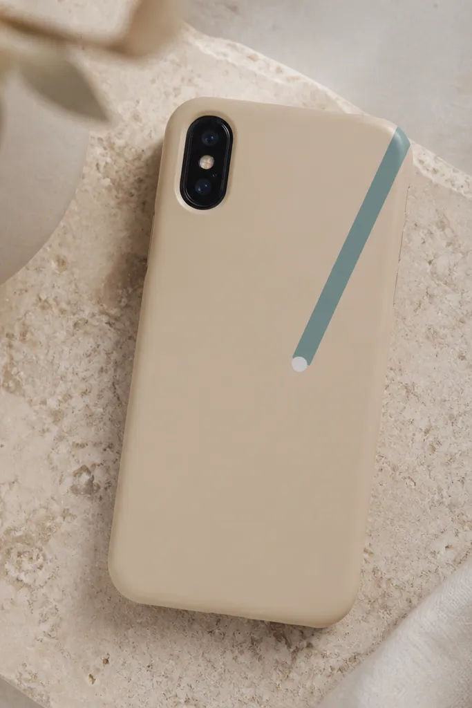 A matte beige phone cover with a single diagonal stripe in dusty teal starting at the top-right corner, plus a small 2mm white dot at the stripe end near the mid-right edge.