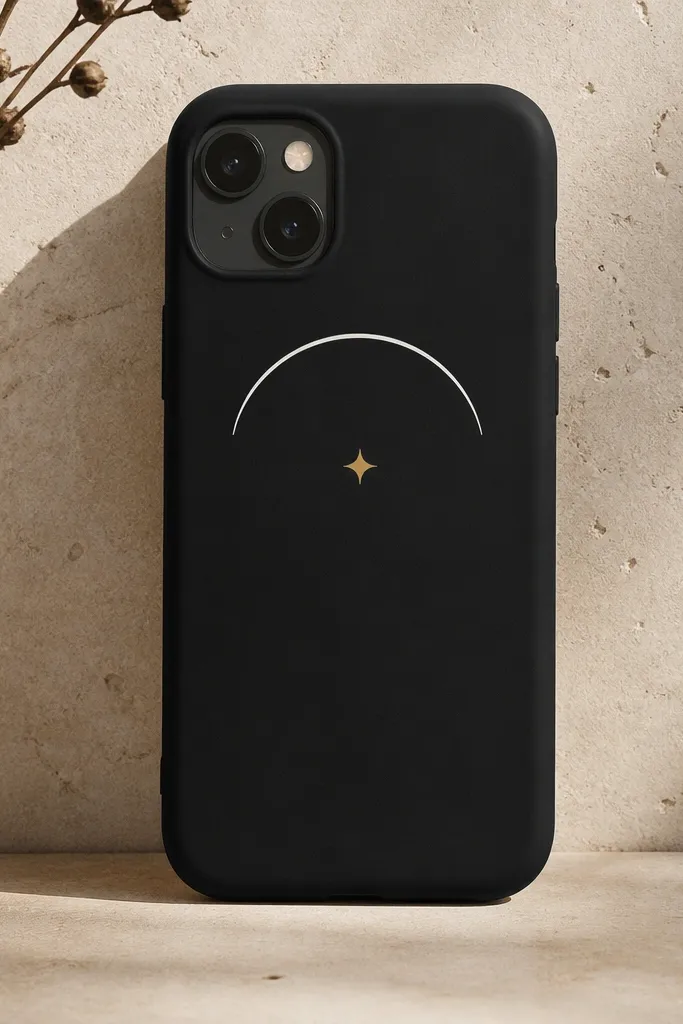 A black phone cover with a single thin white arch line near the top center and one tiny gold star below it, both crisp and evenly spaced.
