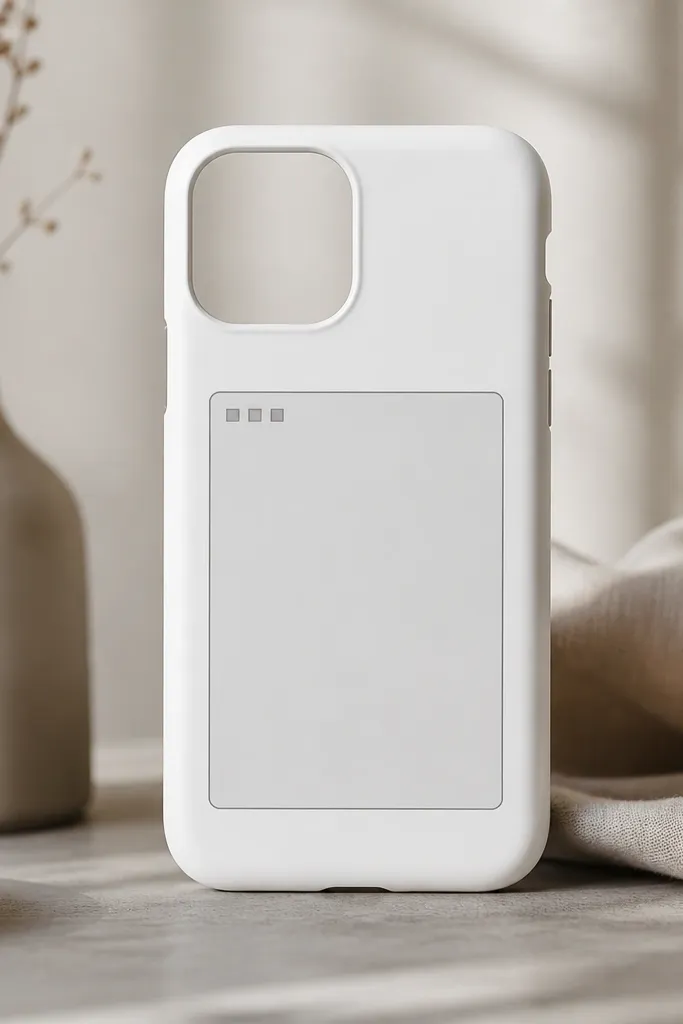 A white phone cover with a centered light gray rectangle like a shipping label, with a thin border and three small square marks in the top-left inside the rectangle.