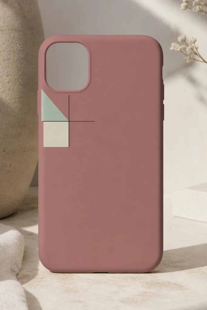 A dusty rose phone cover with a cluster of small geometric tiles in the top-left corner: a mint triangle, a cream square, and a thin black line forming a simple grid.