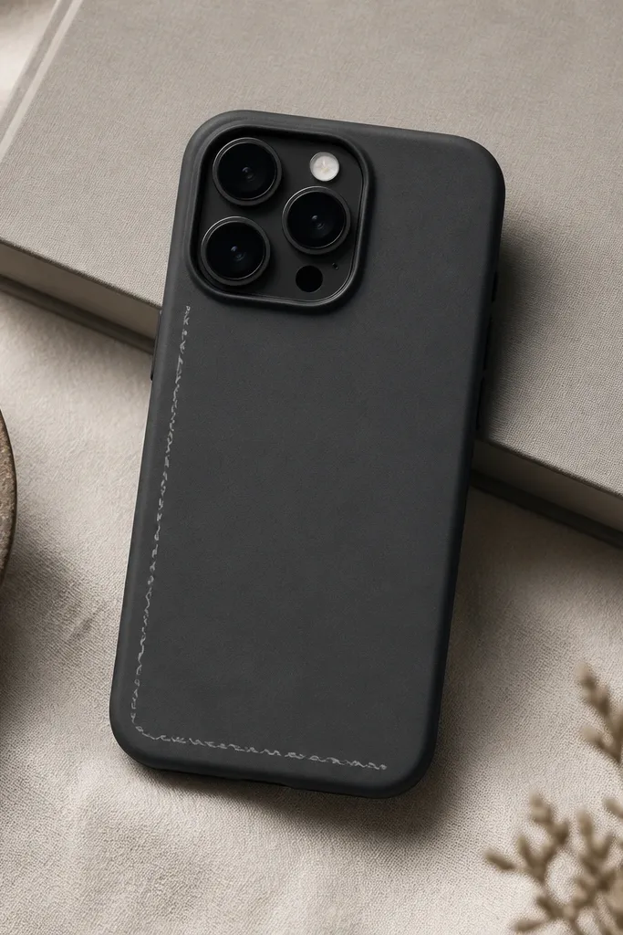 A charcoal phone cover with a thin border line running along the left and bottom edges, made of small wave ticks in light gray.
