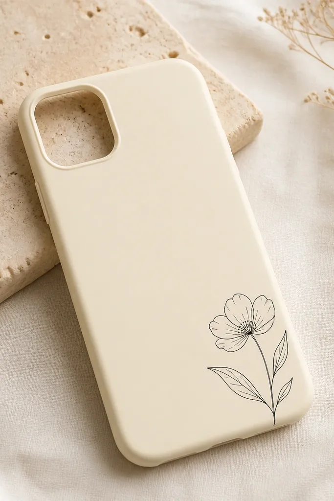 A pale cream phone cover showing a single small black flower outline in the bottom-right corner with three thin leaves drawn as lines.