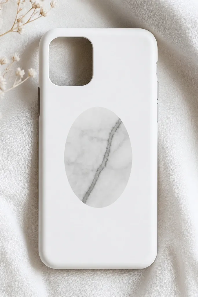 A white phone cover with a soft gray marble background only in a small oval in the center, plus one darker gray vein line running through it.