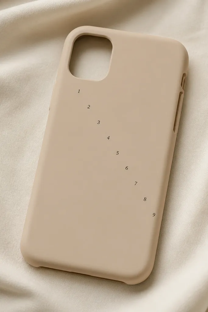 A nude beige phone cover with small black numbers 1 through 9 arranged in a diagonal line from top-left to mid-right, each number about the size of a grain of rice.