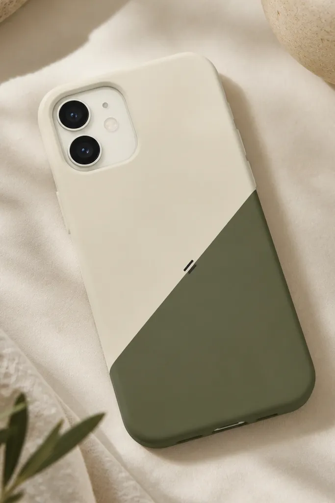 A phone cover split diagonally: top-left is matte cream, bottom-right is muted olive, with a sharp diagonal boundary and a tiny black tick mark near the boundary.