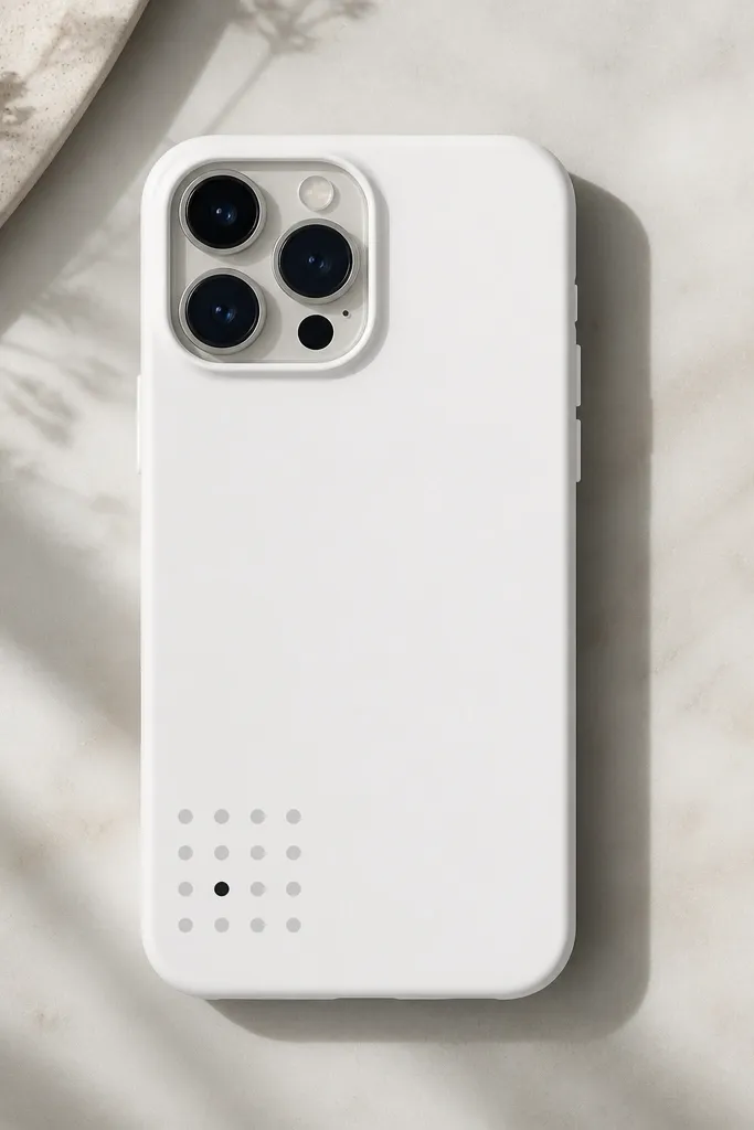 A white phone cover with a 4x4 light gray dot grid in the bottom-left corner, where one dot is missing and replaced by a single black dot in the center of the grid.