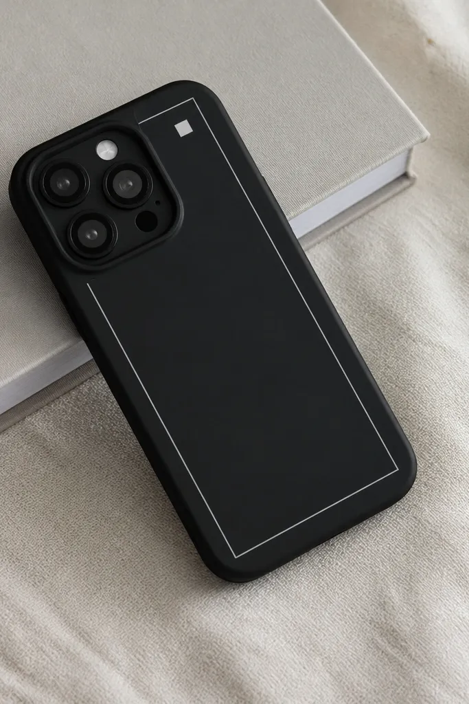 A black phone cover with a thin light gray rectangular frame inset from the edges, plus a small white square in the top-right corner of the frame.