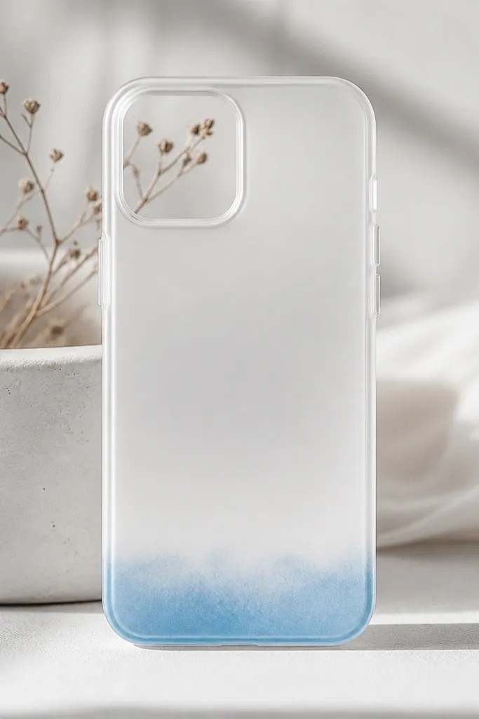 A clear-to-matte white phone cover with only the bottom edge fading into pale blue, like a watercolor wash along the last 12mm of the case.
