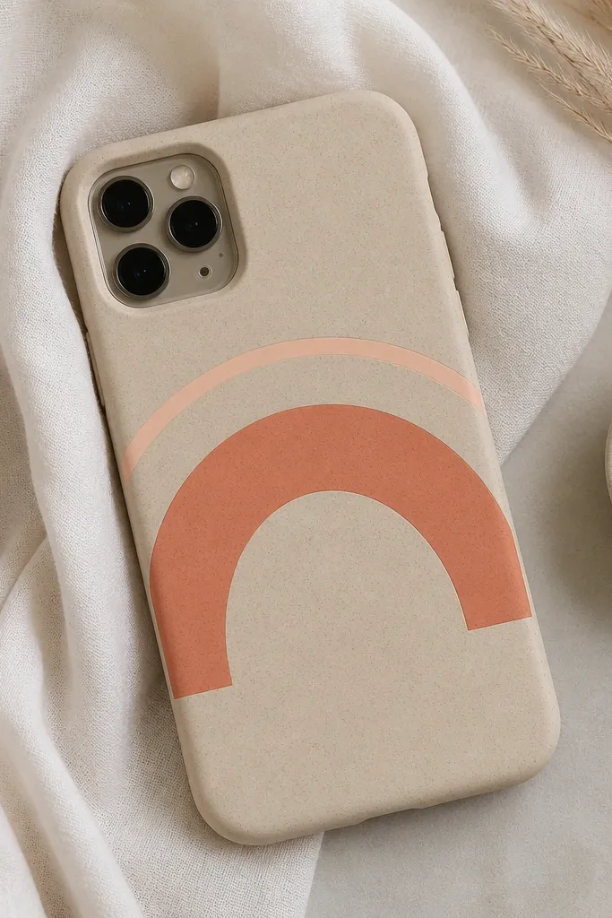A muted sand phone cover with a half-arc in coral and a thinner line in light peach near the top, both centered.