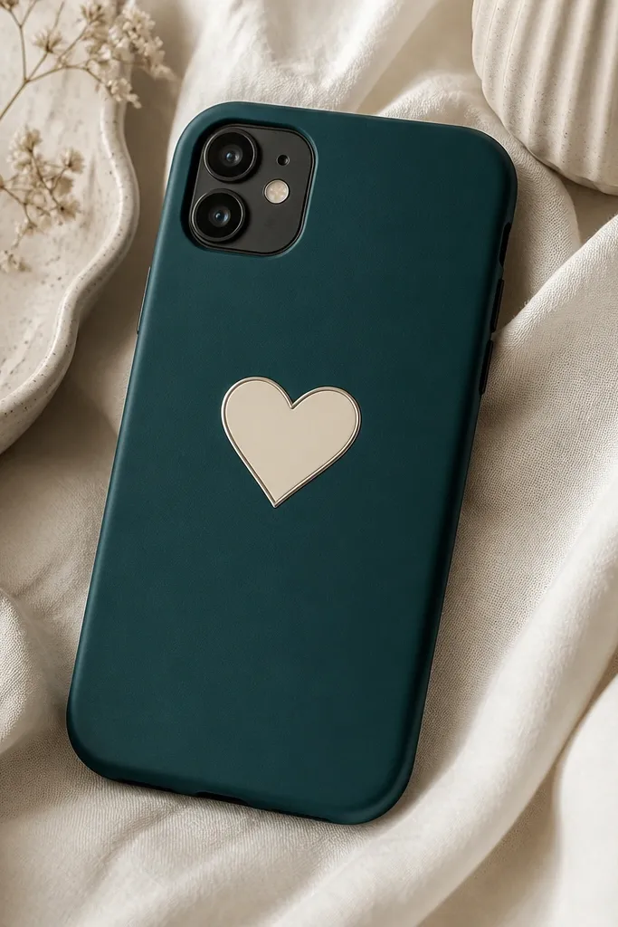 A deep teal phone cover with a flat cream heart icon outlined with a thin metallic silver line, placed in the center-left area.