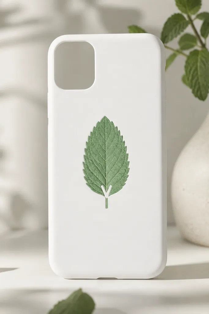A white phone cover with a single mint leaf silhouette in the center, and a small cut-out negative space notch shaped like a tiny V near the leaf stem.