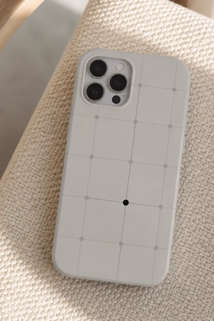 A light gray phone cover with faint darker gray grid lines forming a 3x4 pattern, with one intersection point painted black slightly larger than the other dots.