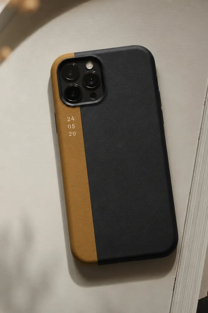 A black phone cover with a vertical color block on the left that looks like a book spine in muted mustard, with small white numbers stacked near the top.