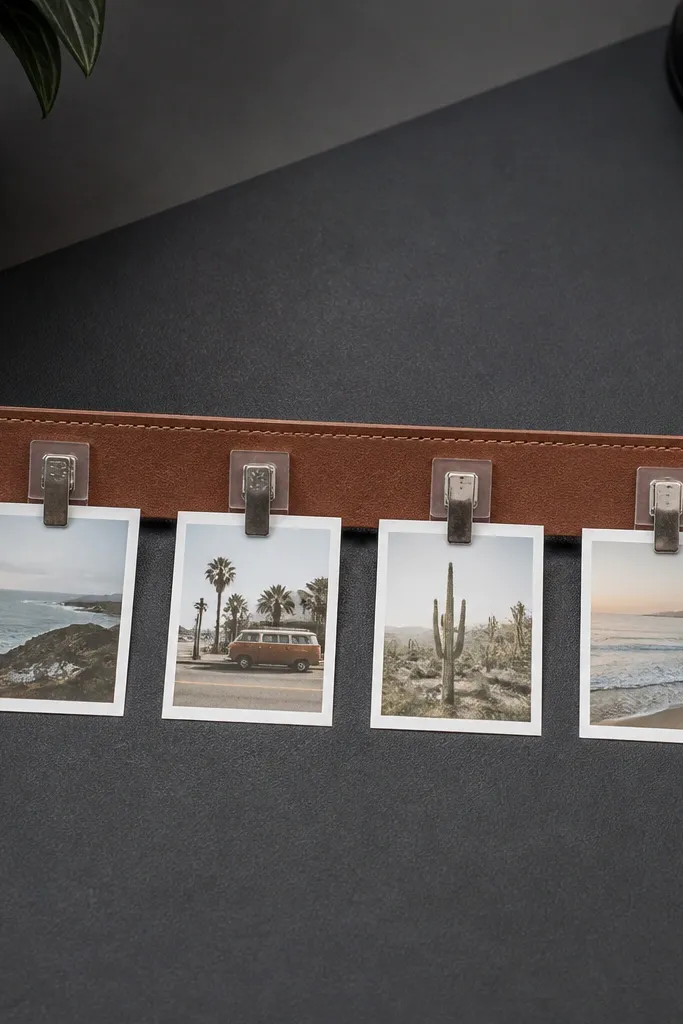 A slim strip of faux leather with three magnets on the back, holding four tiny photos in a row. The photos are held by mini metal clips attached to clear acrylic tabs. The strip sits on a dark desk mat background.