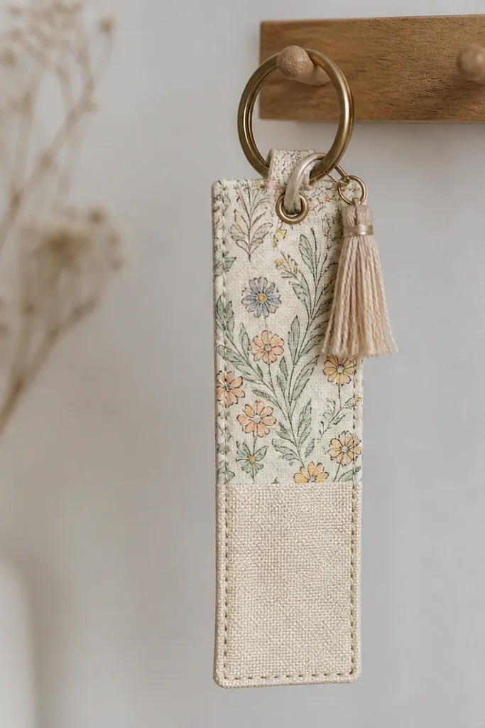A stitched-looking bookmark made from patterned cotton and solid canvas, with a metal keyring on the top. The bookmark hangs from a keyring, showing clean edges and a small tassel.