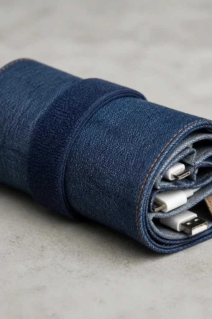 A rolled-up cable wrap made from denim with a Velcro strap. The inside shows neatly folded cable channels and a small label patch.