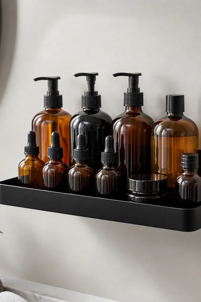 A small wall shelf with a matte black finish and a lip edge. The back has peel-and-stick mounting squares. Bottles sit neatly in two rows.