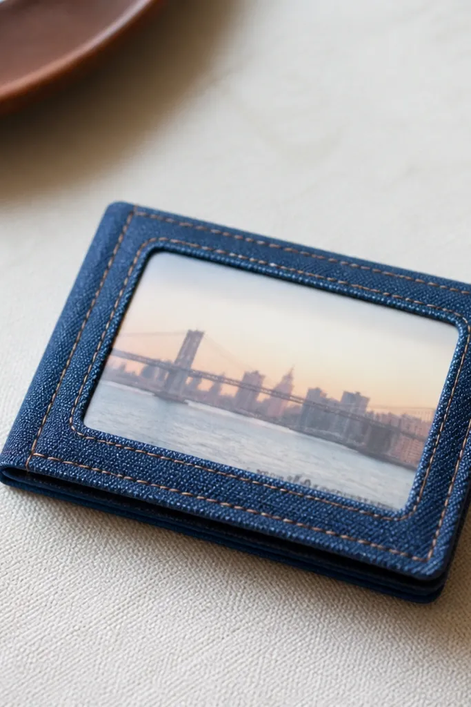 A slim card holder made from folded denim with a stitched-looking edge binding. A clear pocket holds a small photo or metro card.