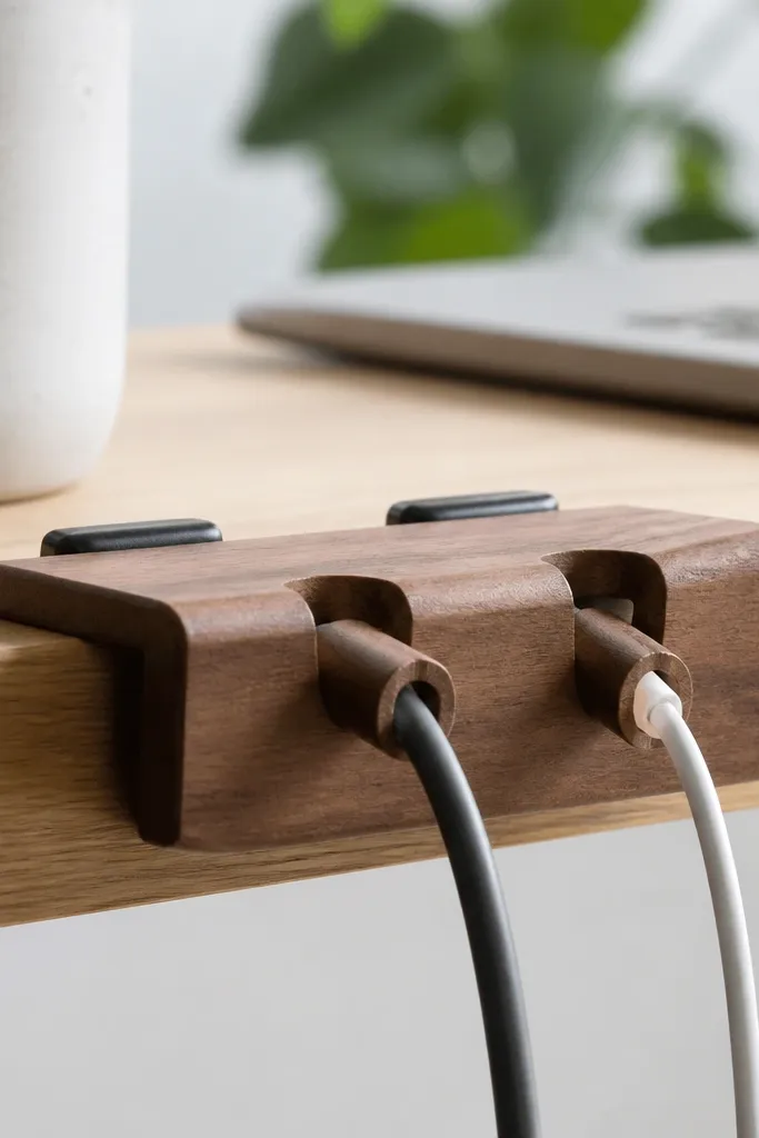 A small dock made from wood with two cable channels and loops. It sits on a desk edge with sticky-backed cable tie bases.