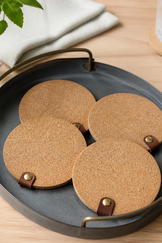 Four cork coasters with small magnets on the back and tiny leather labels. A metal tray holds the coasters.