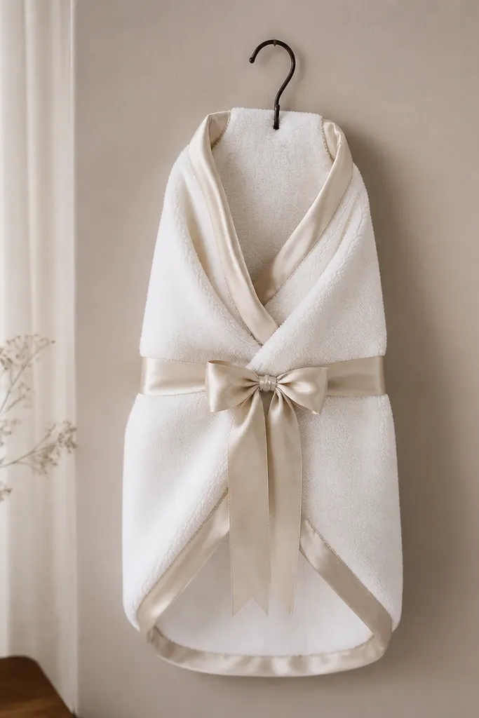 A soft wrap made from two layers of terry cloth and satin trim, folded and tied with a ribbon bow. It's shown hanging on a hook with no hardware attached to the wall.