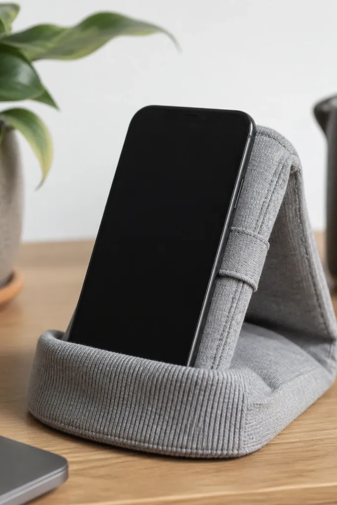 A phone stand made from the cuff and pocket of an old hoodie. The pocket fabric forms a cradle, and a folded strap supports the phone. It sits on a desk.