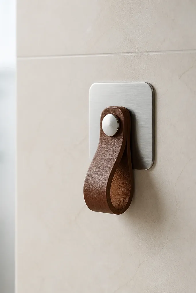 A small loop hook made from leather strip and a metal adhesive hook plate. It's mounted on a smooth tile wall with a visible clean mounting plate.