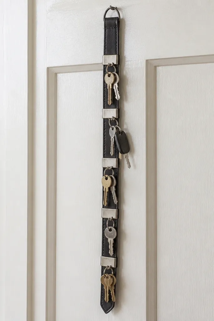 A belt strip mounted with a line of tie clips holding keys. The belt has a buckle removed and replaced with a small hanging loop. The organizer hangs on a door.