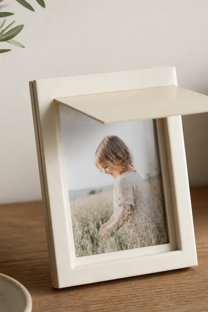 A small wooden picture frame painted matte cream with a magnet strip on the back. A photo sits behind clear plastic, held by a magnetic flap.