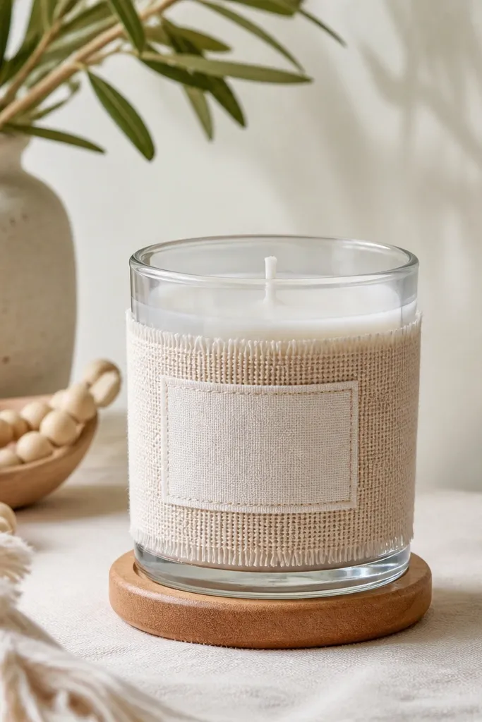 A reused glass candle jar with a fabric wrap around the middle and a label on the front. A small wooden base sits underneath with peel-and-stick pads.