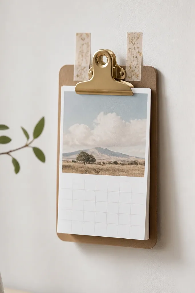 A small clipboard with a calendar page clipped on. The clipboard is attached to a wall using removable adhesive strips. Washi tape forms neat hinges on the top.