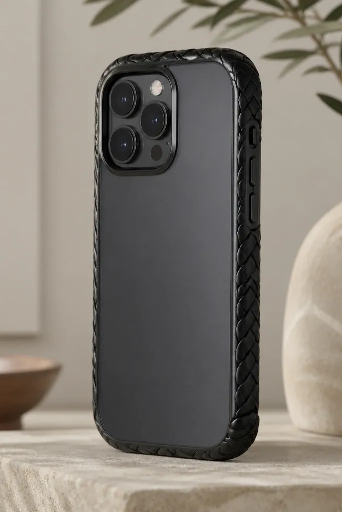 A black faux leather braided strip wraps around the sides of a phone case. The braid sits like a bracelet, with three strands forming a tight pattern. The front and back remain mostly visible, and the braid ends are finished with a small black knot and a neat glued seam.