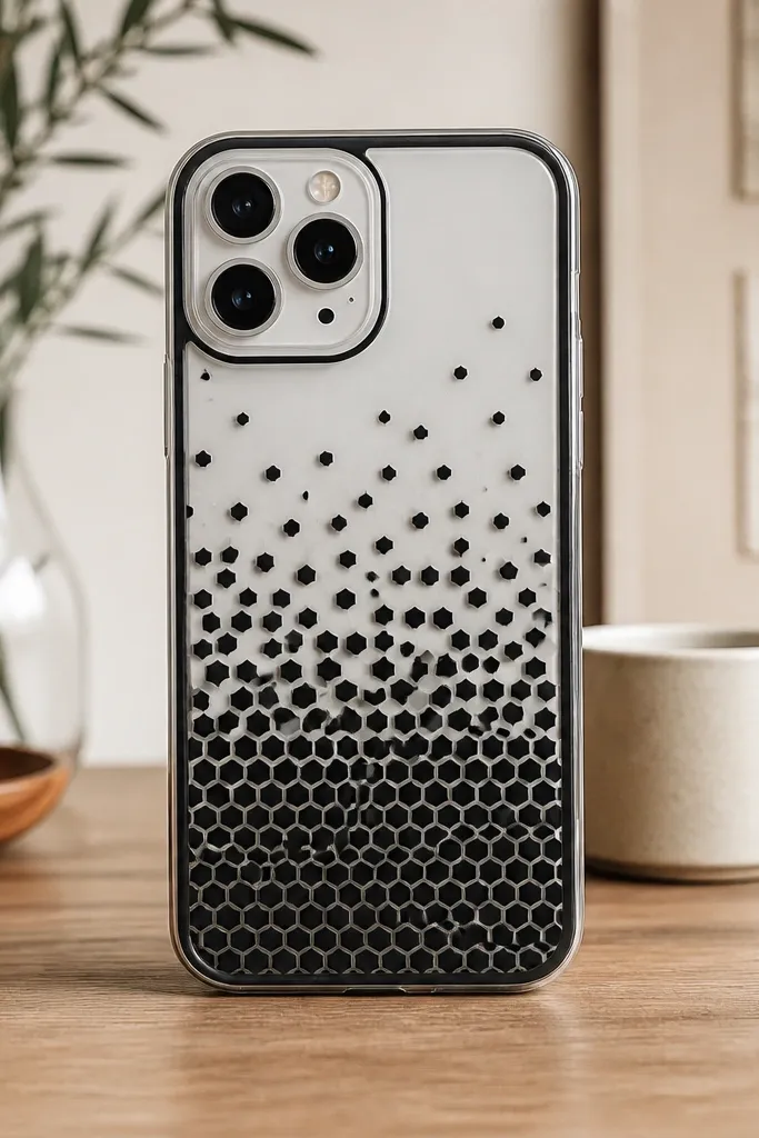 A clear phone case covered with black matte vinyl cut into small hexagon shapes arranged in a gradient. A thin black vinyl border runs around the edges near the bezel. The camera cutout stays clean, with no vinyl covering the lens.
