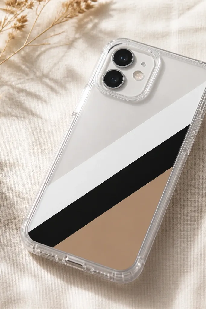 A clear phone case with three diagonal vinyl stripes in white, black, and a muted tan. The stripes sit inside the case under a clear protective film layer that smooths out the surface. The camera opening is crisp and the edges are neat.