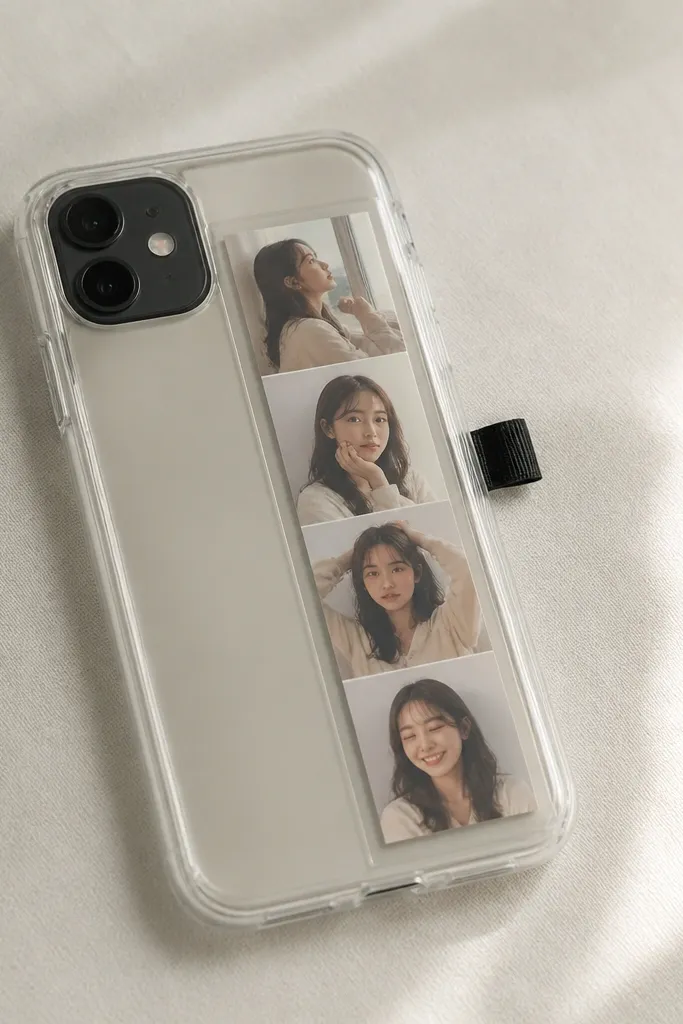 A clear phone case with a vertical photo strip inside. The photo is protected by a clear lamination film rectangle. On the side, a tiny slider tab made from black tape lets you pull the strip out to swap photos.
