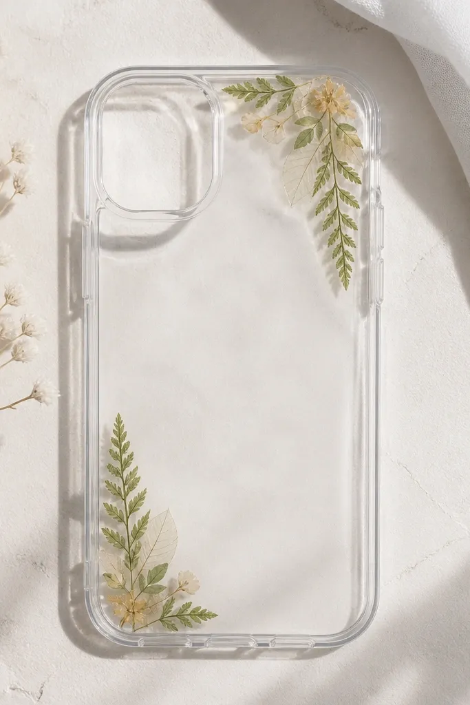 A clear phone case with tiny pressed leaf pieces placed in the bottom-left and top-right corners. The leaves sit under a clear film layer, and the center back stays clear. Edges are trimmed and the camera area is untouched.