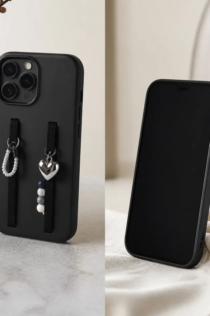 A black phone case with two vertical elastic loops on the back. Small charm pieces and a tiny fidget bead clip attach to the loops. The front is clean, and the loops sit away from the camera.