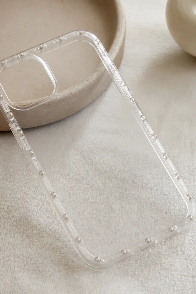 A clear phone case with small raised 3D dots or mini charms clustered along the outer bumper edge. The back center stays clear. The dots are evenly spaced and the camera cutout remains clean.