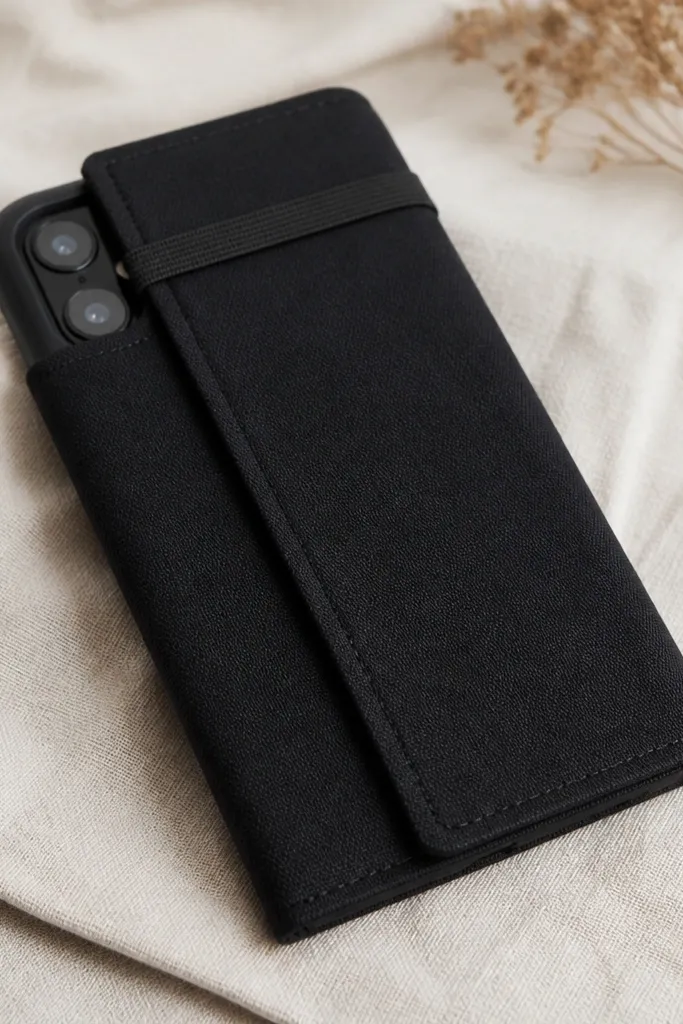 A black fabric sleeve cover around a phone, with a snug fit like a small book cover. A flap wraps over the front and closes using an elastic band across the top. The camera opening is cut cleanly and the edges are top-stitched.